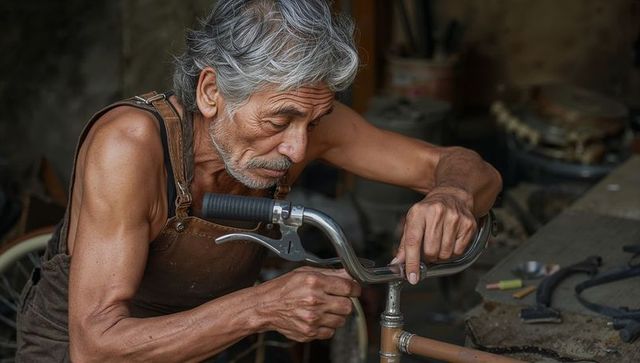 Senior mechanic adjusting vintage bicycle handlebar in rustic workshop, focusing on repair