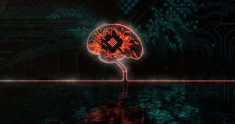Digitally Generated Neon Brain with Processor Circuit Background