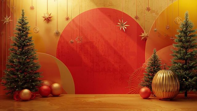 Festive Holiday Scene with Trees and Red Gold Ornaments on Circular Panels