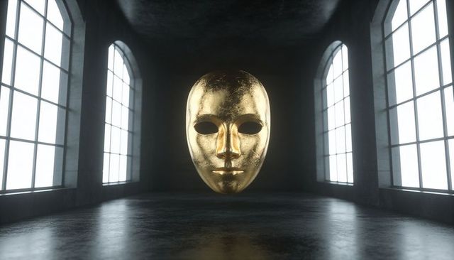 Floating golden full-face mask hovering in dark vaulted hall with arched windows