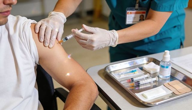 Nurse administering vaccine to adult upper arm while wearing gloves with medical supplies tray