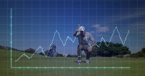 Kneeling golfer analyzing putt with overlayed graph