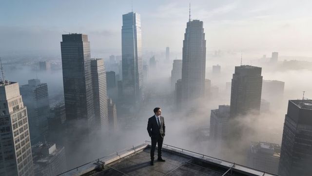 Businessman standing on rooftop gazing over foggy skyscraper skyline focused on future