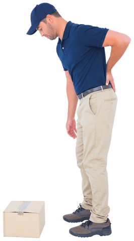 Transparent Delivery Man with Back Pain Standing Next to Box - Download Free Stock Videos Pikwizard.com