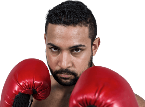 Transparent background muscular man boxing with red gloves