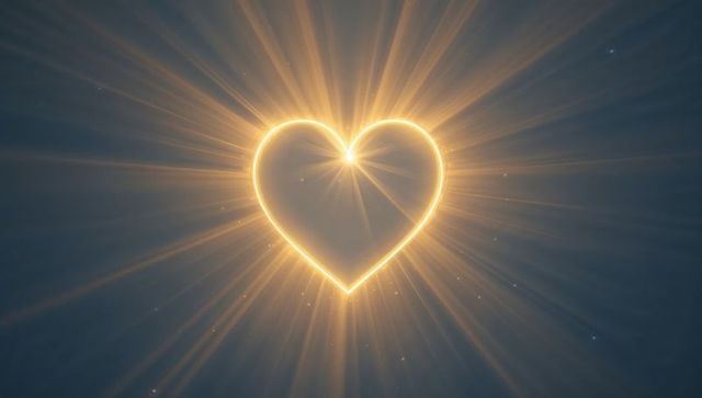 Radiant golden heart emitting starburst rays on dark blue-gray backdrop