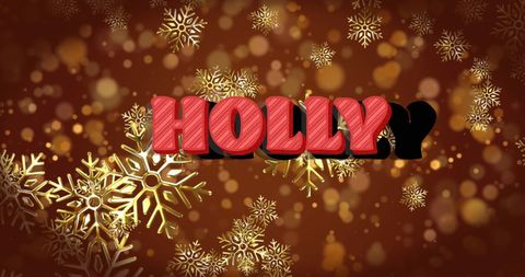 Festive christmas holly text with snowflakes on brown background