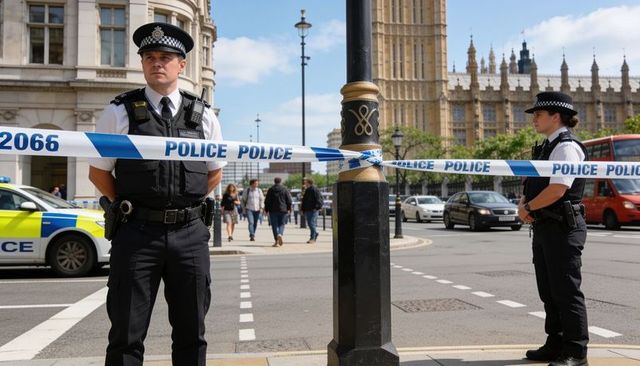 London police officers guarding cordon near houses of parliament and big ben with police tape