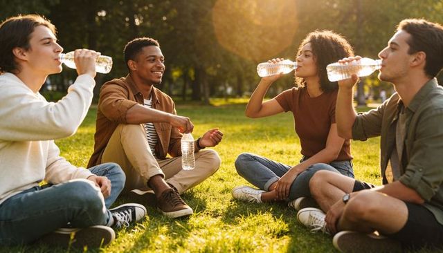 Friends sitting in park drinking water and chatting at golden hour showing hydration