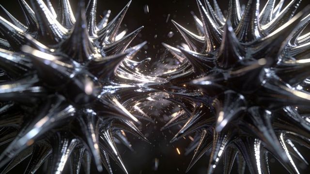 Reflective Chromed Spike Clusters Colliding with Glowing Sparks and Abstract Reflections