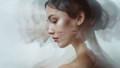 Ethereal Portrait of Woman with Dreamlike Overlays in Minimalist Style