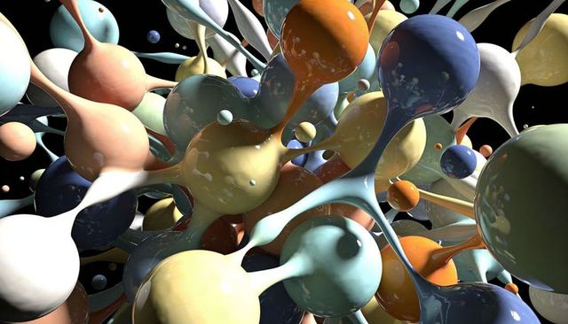 Glossy molecular network of pastel orbs and fluid filaments