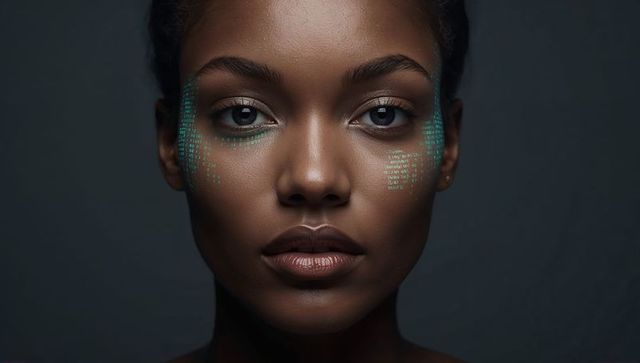 Futuristic black woman headshot with green code markings under eyes for ai and tech