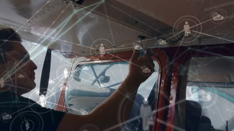 Technician Repairing Aircraft with Digital Network Overlay