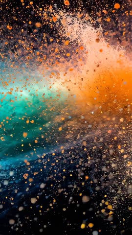 Orange powder bursting into teal cloud, creating vibrant abstract gradient vertical video