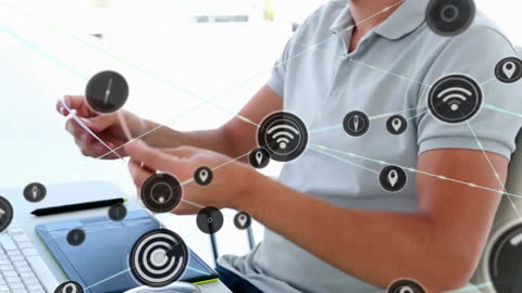 Young Professional Holding Smartphone with Digital Connections Overlay