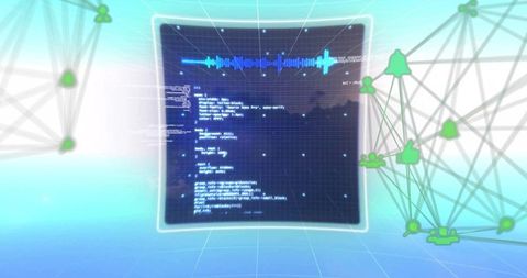 Futuristic holographic data dashboard with waveform, code overlay and network nodes
