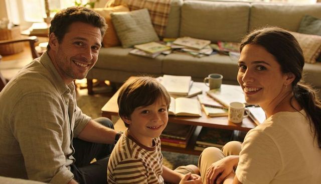 Smiling family enjoying cozy living room study time with books, coffee and parents bonding