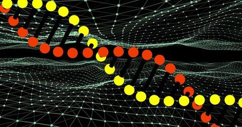 Neon dna helix with glowing nodes and wireframe grid for data visualization and futurism
