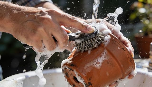 Hands scrubbing terracotta planter with wire brush under running water on sunlit patio