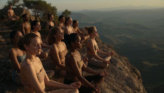 Group of women meditating on cliff at golden hour overlooking expansive mountain valley