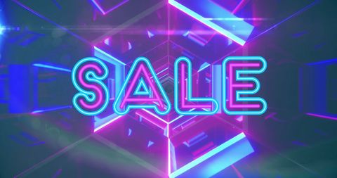 Neon Sale Text in Futuristic Light Tunnel