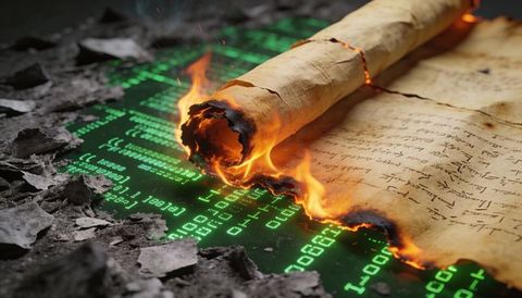 Burning ancient parchment scroll revealing glowing binary code, mixing antique and digital