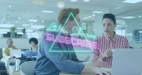 Two Professionals Collaborating in Modern Office with Digital Overlay