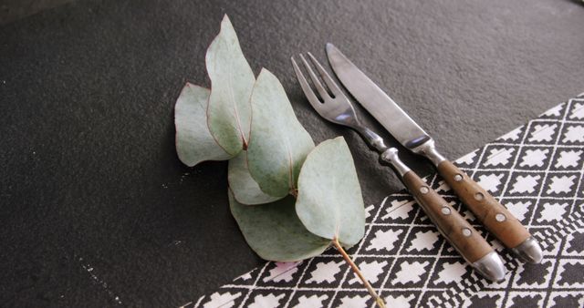 A rustic table setting features a vintage fork and knife beside a sprig of eucalyptus on a patterned cloth, with copy space. The arrangement suggests a natural and simplistic dining aesthetic, perfect for a casual or eco-friendly event.