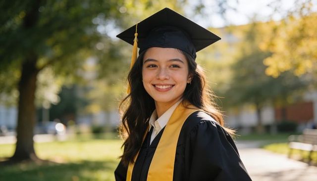 Smiling graduate in black gown and gold stole on sunny campus with fall foliage bokeh