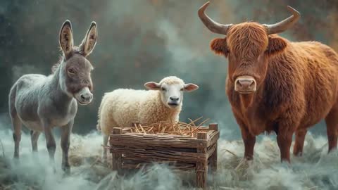 Tranquil Farm Animals with Manger Surrounded by Mist