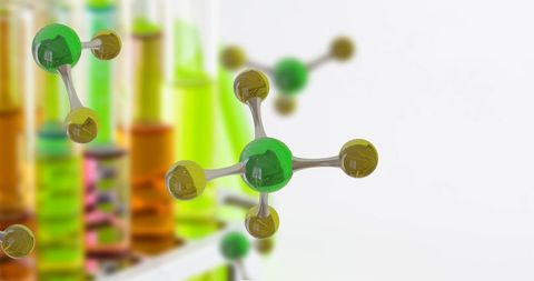 Molecular model with laboratory beakers in scientific research