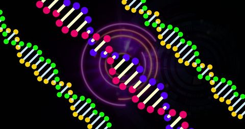 Colorful DNA Helixes with Digital Patterns in Biotech Concept