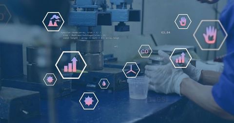 Technician analyzing metal sample with data visualizations and automation