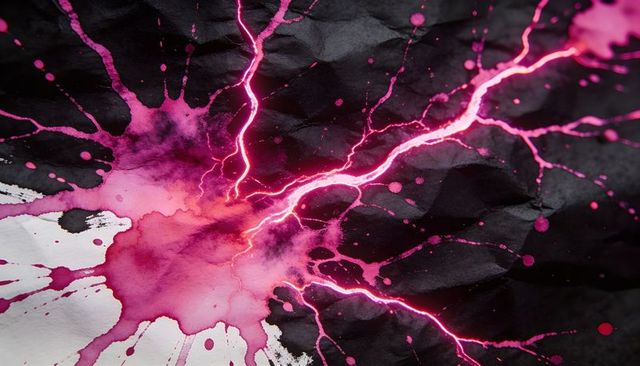 Radiating magenta neon ink splatter with electric veins on crumpled paper