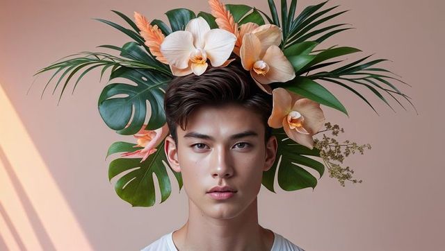 Male Model with Floral and Leaf Crown, Minimalist Studio Portrait