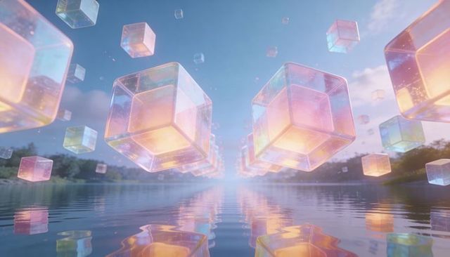 Ethereal Glowing Translucent Cubes Floating Over Calm Lake Mirroring Pastel Sky at Dusk
