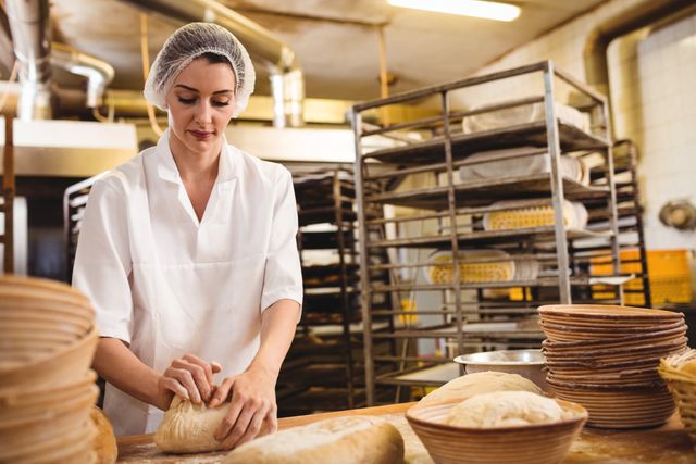 Female baker kneading dough in a bakery kitchen, showcasing the bread-making process. Ideal for use in articles about baking, culinary arts, professional bakers, and the food industry. Can be used in advertisements for bakery equipment, baking classes, or bakery shops.
