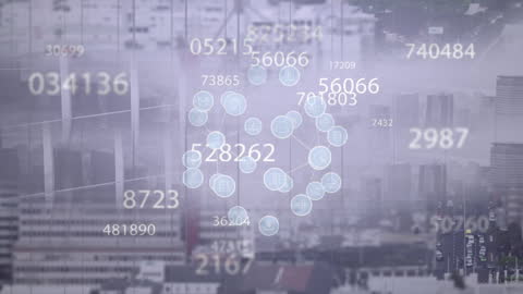Digital Data Network Illustration Over Foggy Cityscape