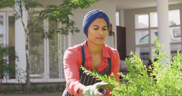 Image of biracial woman in hijab taking care of plants in garden. Lifestyle and spending free time at home and garden concept.