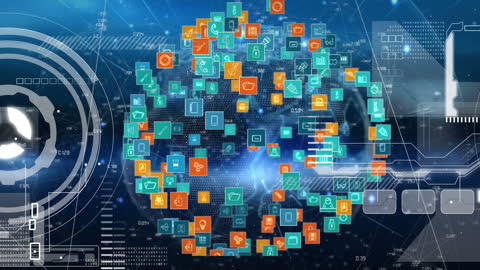 Futuristic Digital Interface with Colorful Icons for Technology Concepts