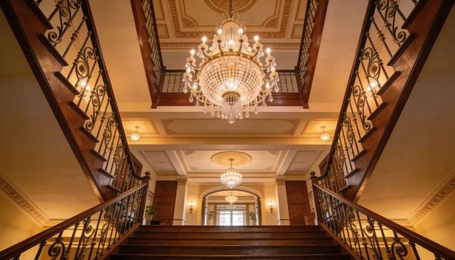Grand wooden staircase rising to ornate landing under crystal chandelier in hotel foyer