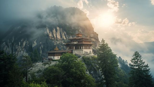 Cliffside Tiered Temple on Misty Mountain with Golden Sunbeams and Stone Terraces