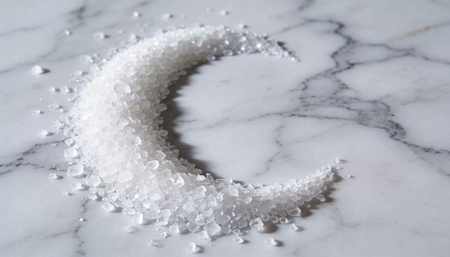Crescent of coarse salt crystals resting on white veined marble countertop