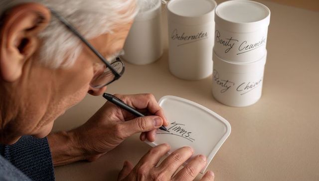 Senior man labeling storage lid with marker for home organization and decluttering tips