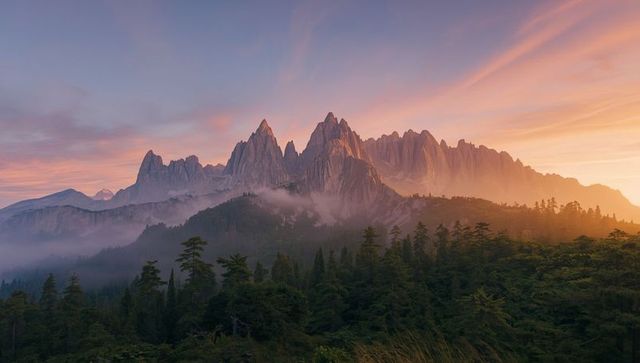 Majestic Mountain Range at Sunrise with Mist and Pine Trees