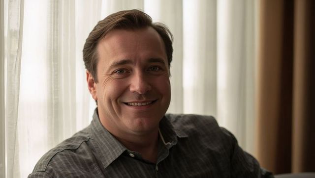 Smiling middle-aged man relaxing by sheer-curtained window in warm natural light headshot