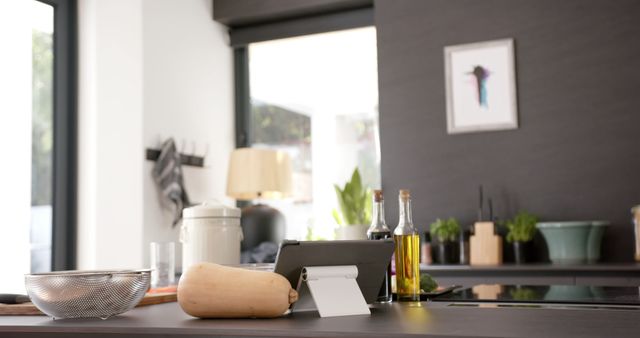 Modern Kitchen Counter with Digital Tablet and Cooking Ingredients - Download Free Stock Images Pikwizard.com