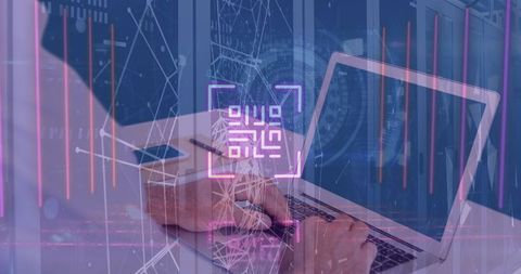 Business Professional Typing at Desk with Futuristic Digital Overlays