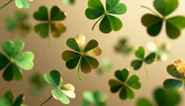 Floating golden-flecked four-leaf clover with shimmering metallic leaves, luck concept